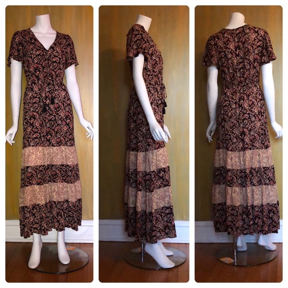 Kate & Sam Paisley Boho Mixed Print Short Sleeve Maxi Dress Small NWT